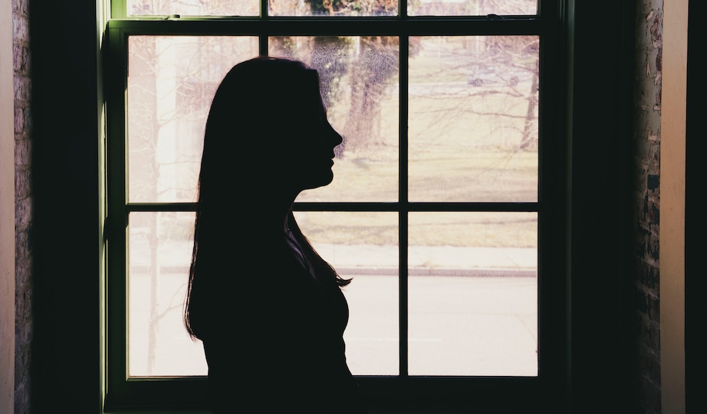 Photograph of woman's silhouette standing in profile in front of a window with mullions. Some grass and trees are visible outside.