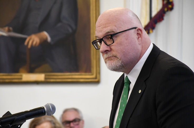 Patrick Moran of the AFSCME union representing correctional officers speaks at a Maryland Board of Public Works meeting at the State House in Annapolis on Wednesday, March 13, 2024. Thousands of correctional officers were awarded millions in back pay.