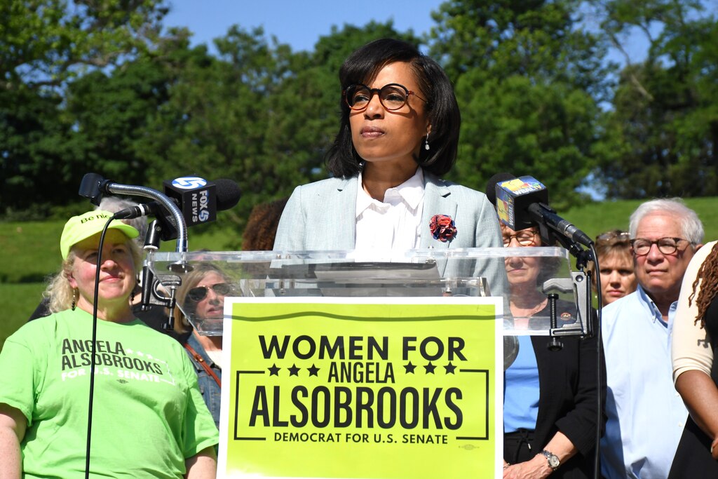 U.S. Senate candidate Angela Alsobrooks, a Democrat, speaks about abortion rights along with supporters during a press conference in Federal Hill in Baltimore on Wednesday, May 22, 2024.