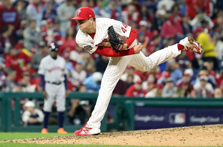 PHILADELPHIA, PENNSYLVANIA - NOVEMBER 01: Kyle Gibson #44 of the Philadelphia Phillies delivers a pitch against the Houston Astros during the seventh inning in Game Three of the 2022 World Series at Citizens Bank Park on November 01, 2022 in Philadelphia, Pennsylvania.