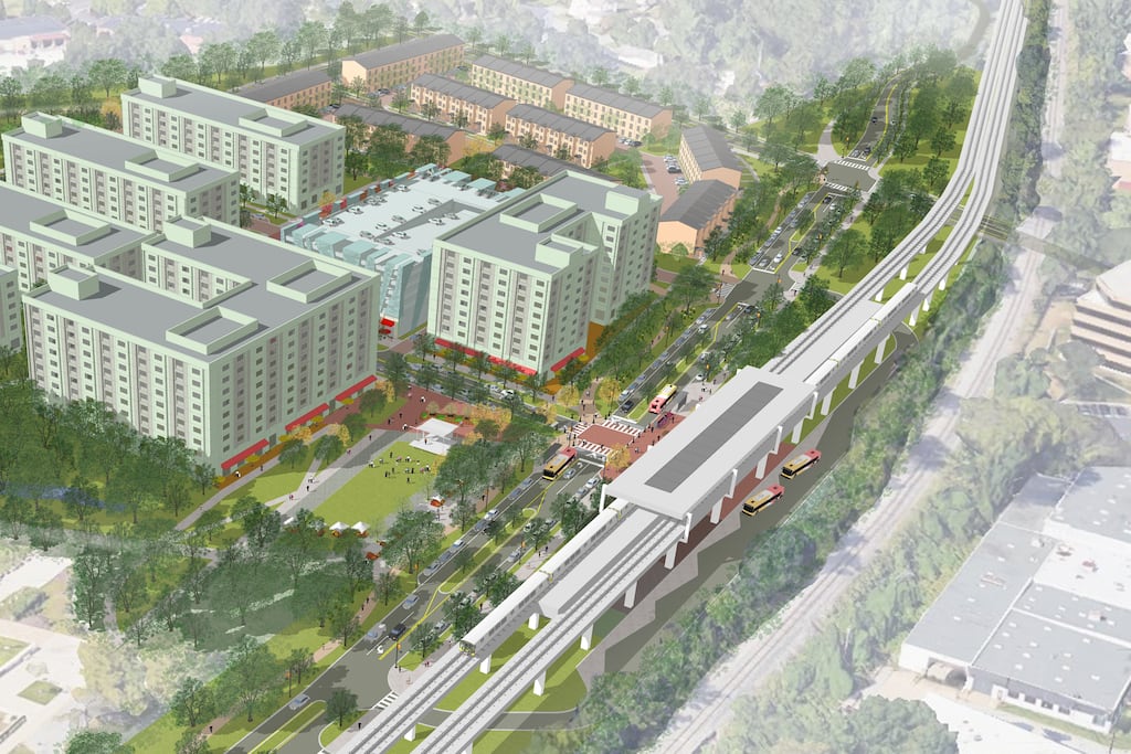 A 3D, aerial rendering of a complex of apartment buildings surrounded by trees and next to a train line.