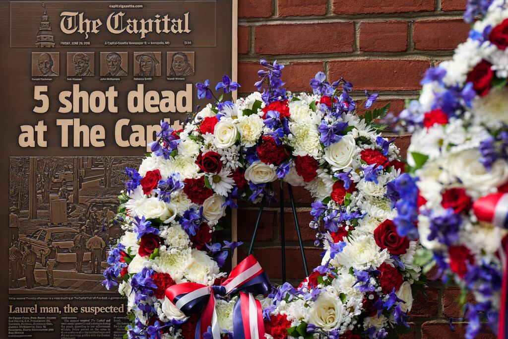 Wreaths are laid at a ceremony memorializing the victims of the 2018 Capital Gazette shooting on Wednesday, June 28, 2023, in downtown Annapolis. A smaller ceremony Friday will mark six years since the deaths of Rob Hiaasen, Gerald Fischman, Wendi Winters, John McNamara and Rebecca Smith.
