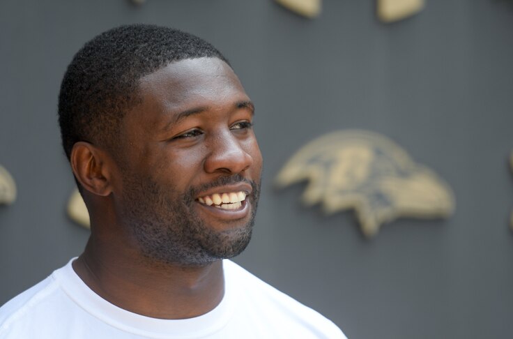 Baltimore Ravens linebacker Roquan Smith speaks during a news conference after organized team activities Wednesday, May 24, 2023 in Owings Mills. (Photo by Steve Ruark for the Baltimore Banner)