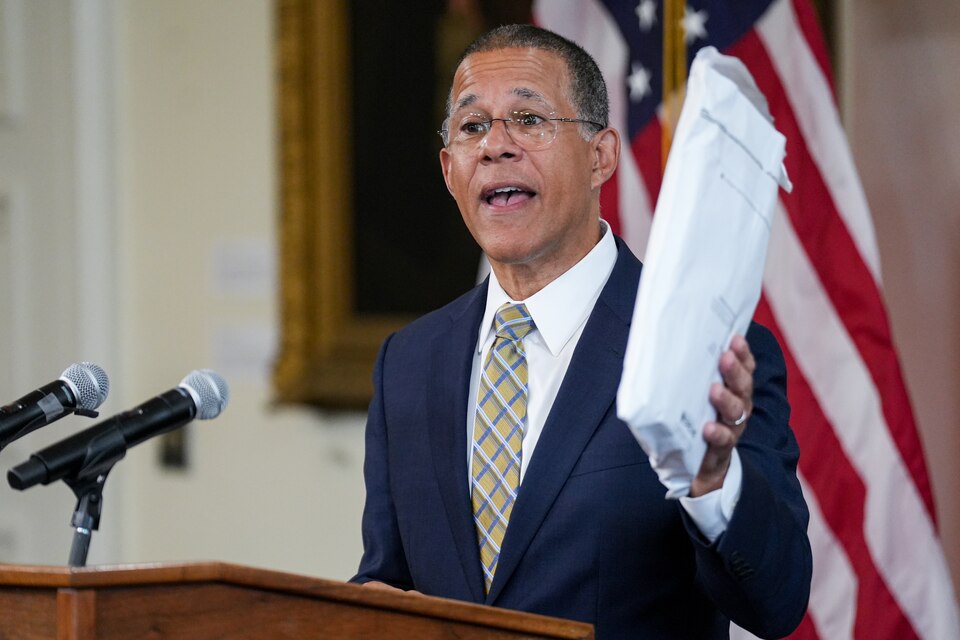 Maryland Attorney General Anthony Brown holds up a sexual assault evidence collection kit during a news conference in the Maryland State House on June 20, 2024. Maryland leadership announced a launch of a new statewide tracking system for sexual assault evidence kits.