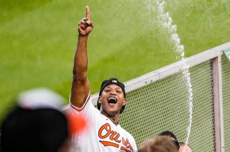 Gov. Wes Moore sprays Orioles fans in the Bird Box splash zone during the final game of their series against the Yankees at Camden Yards on July 30, 2023.