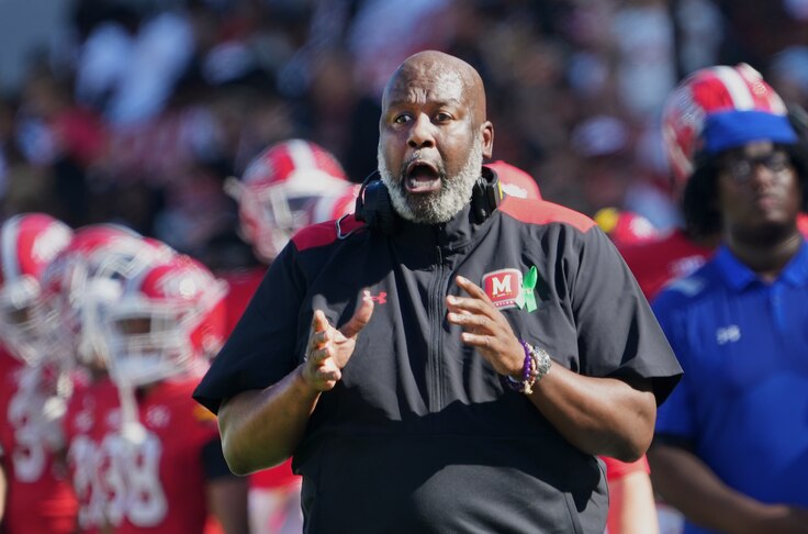 University of Maryland Head Coach Mike Locksley argues with a referee during a 38-6 Victory over Towson University..