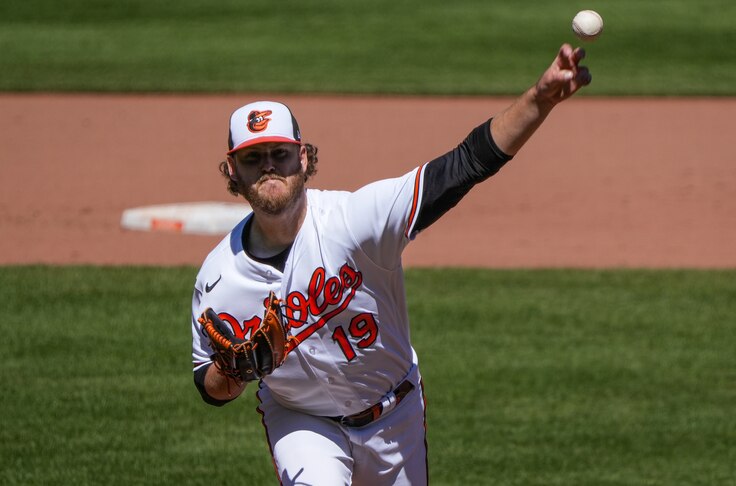Baltimore Orioles starting pitcher Cole Irvin (19) delivers a pitch in a baseball game against the Oakland Athletics at Camden Yards on Wednesday, April 12. This was the fourth game in a series the Orioles played against the Athletics.