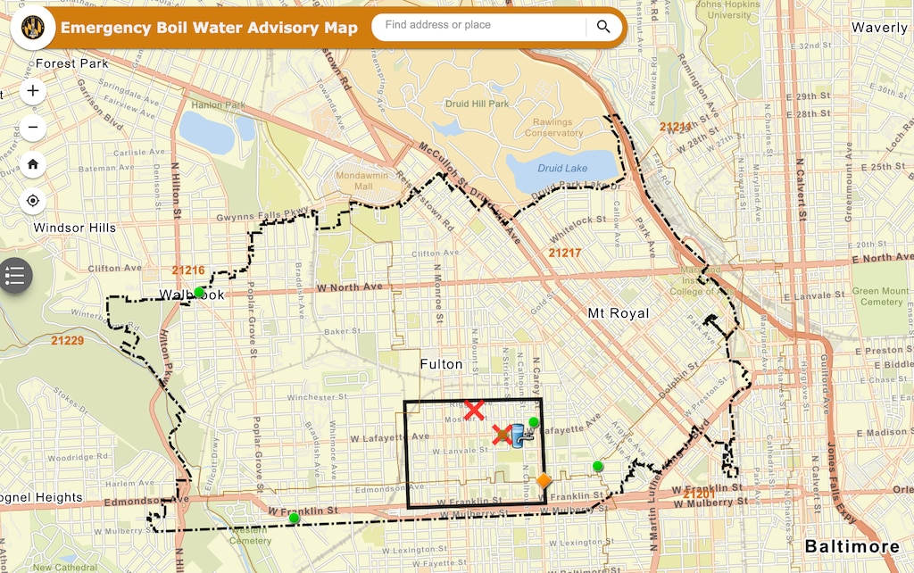 Baltimore officials released an updated map for the boil water advisory Wednesday night reducing the size of the area affected by E. coli contamination. People within the dotted black line are advised to boil their water.