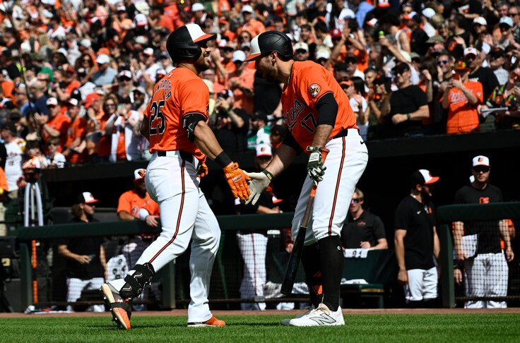 Baltimore Orioles' Anthony Santander (25) celebrates after his home run with Colton Cowser (17) during the first inning of a baseball game against the Tampa Bay Rays, Saturday, June 1, 2024, in Baltimore. (AP Photo/Nick Wass)