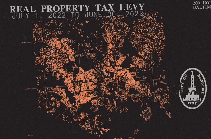 Photo collage of property tax bill with graphic representing liened homes in Baltimore City's Black butterfly.