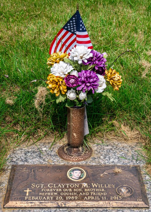 The gravesite for Clayton Willey is seen at Dulaney Valley Memorial Gardens in Timonium on May 25, 2024. Willey enlisted in the military after graduating the Jarrettsville Young Marines program and came back with PTSD and depression, ultimately taking his life in 2013.
