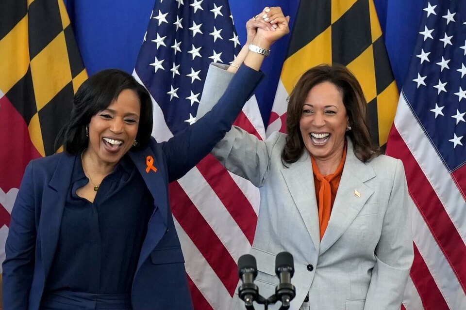 Angela Alsobrooks (left), Maryland’s Democratic candidate for U.S. Senate, is endorsed by U.S. Vice President Kamala Harris at a gun violence prevention event at the Kentland Community Center on June 7, 2024.