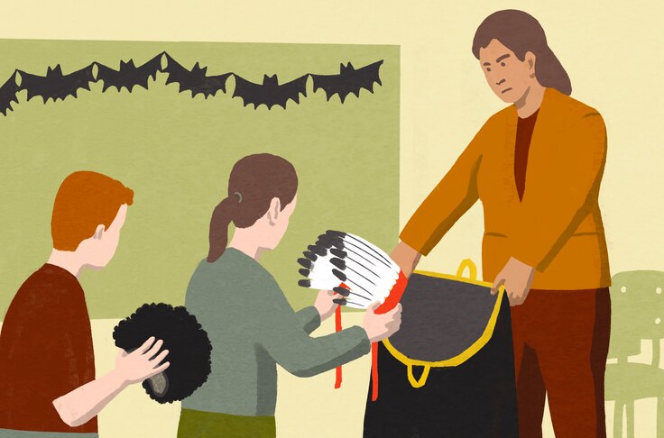 Illustration of students throwing Native American feather regalia and afro wig into trash bag held open by teacher