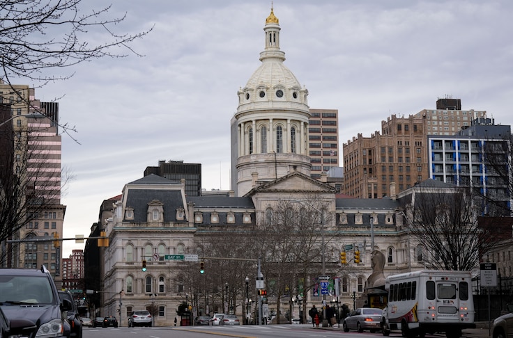 The exterior of Baltimore City Hall as seen on Monday, Feb. 13, 2023.