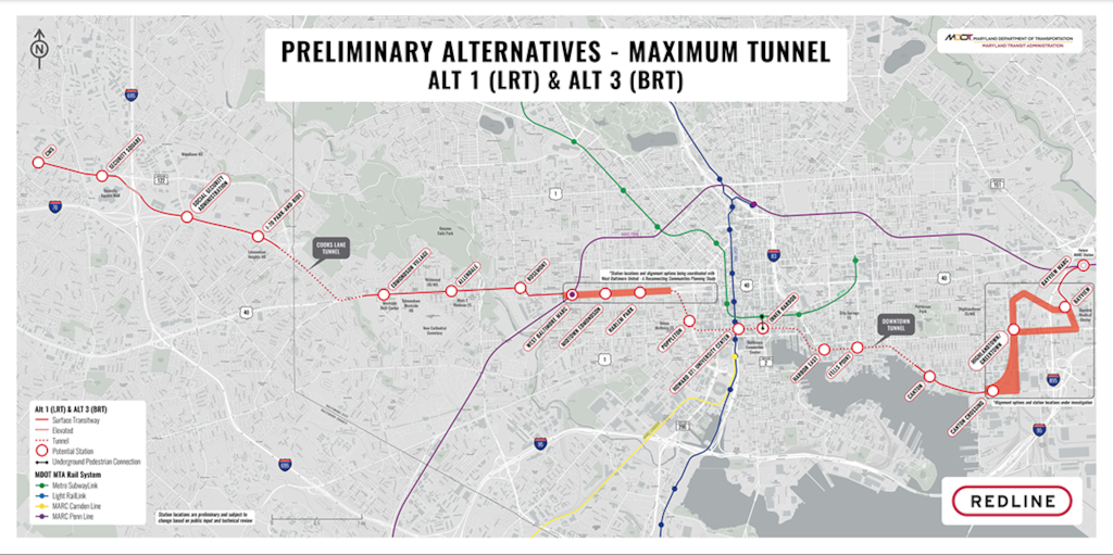A proposed map of the Red Line, called Maximum Tunnel. (MDOT MTA)