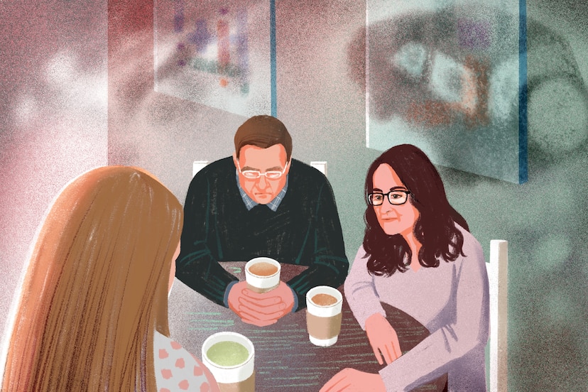 Illustration of two women and one man sitting at a table with disposable coffee cups in front of them. We see the back of one woman's head and the other woman leans forward to hold her hand. A hazy image of a Jeep floats in the background.