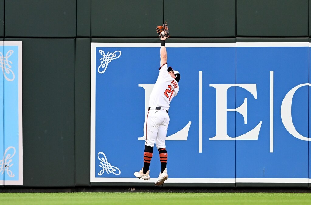 Orioles outfielder Austin Hays catches a fly ball in the first inning Sunday night at Oriole Park.
