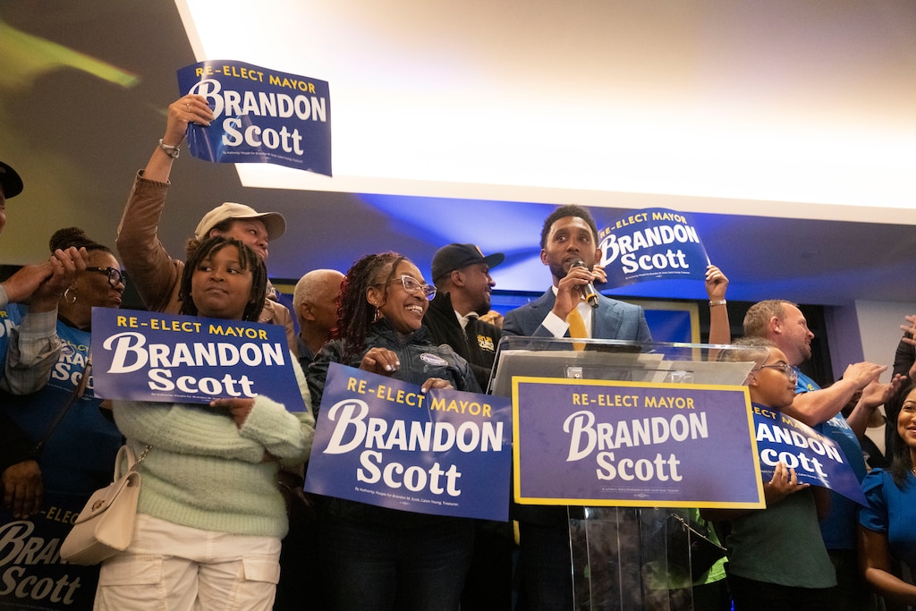 Mayor Brandon Scott addresses supporters on election night, May 14, 2024, after being declared the winner of his re-election campaign.