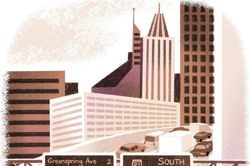An illustration shows cars driving into Baltimore and the city skyline.