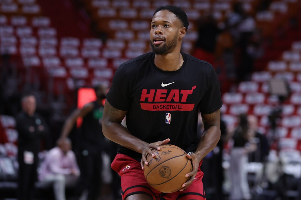 MIAMI, FLORIDA - MAY 23: Haywood Highsmith #24 of the Miami Heat warms up prior to facing the Boston Celtics in game four of the Eastern Conference Finals at Kaseya Center on May 23, 2023 in Miami, Florida. NOTE TO USER: User expressly acknowledges and agrees that, by downloading and or using this photograph, User is consenting to the terms and conditions of the Getty Images License Agreement.