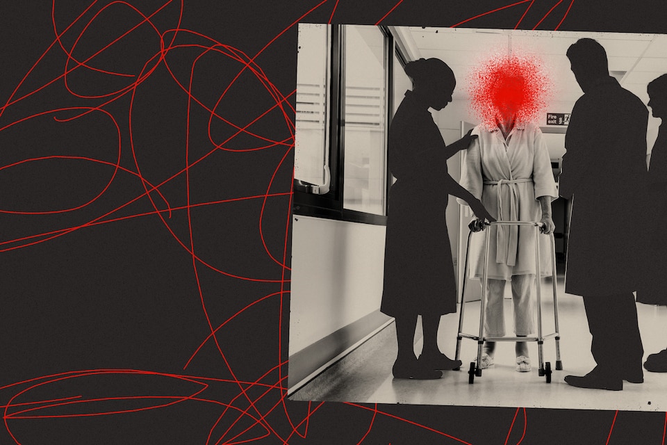 Collage of photograph of elderly woman supporting herself with walker flanked by figures that have been cut out of the photograph. Red scribbles fill the background behind the photo and a red spray obscures the elderly woman's face.