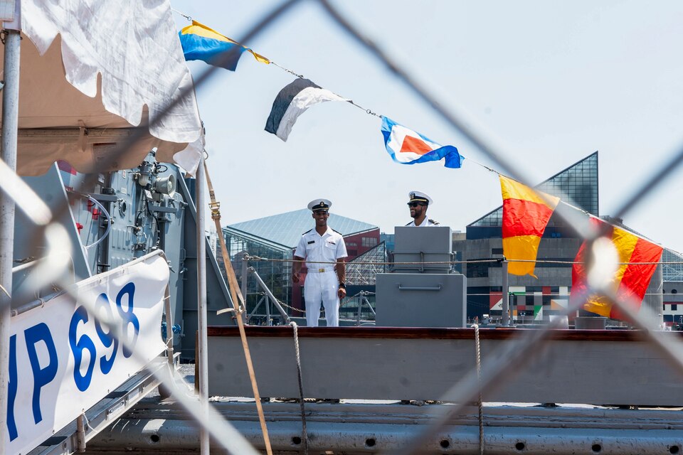 Seamen aboard the US Naval Academy Yard Patrol Training Ship at Fleet Week on June 13, 2024.