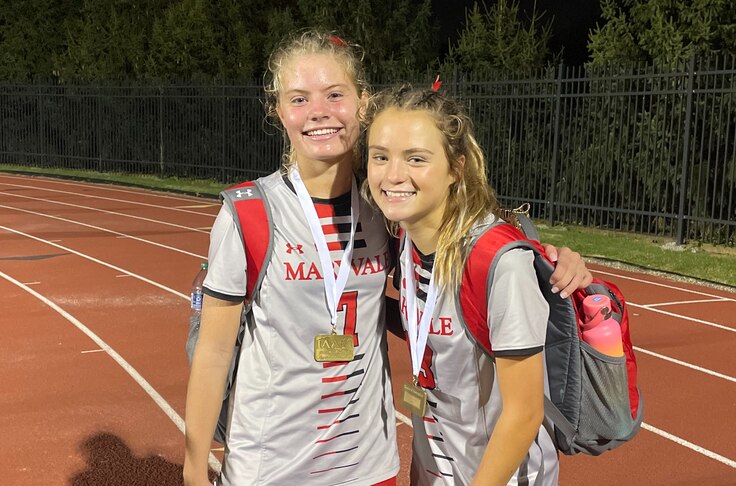 Avery Weetenkamp (left) and Laney Clements, both underclassmen, played major roles for Maryvale Prep soccer Saturday. The Lions won the IAAM B Conference championship with a 1-0 victory over Bryn Mawr at Calvert Hall.