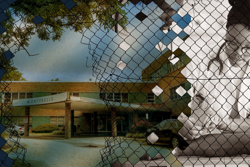 Photo collage of old hospital building on left and young Black female medical student on right, both obscured by chain link fence.