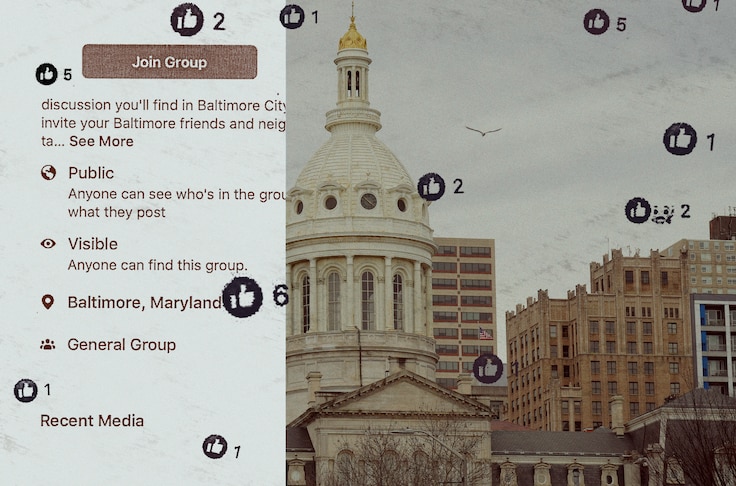 Photo collage shows excerpt of Facebook group description on left and Baltimore City hall with tall buildings behind on right. Dark Facebook thumbs up buttons are scattered randomly across the image.