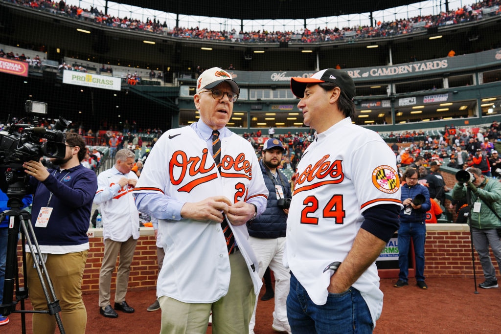 BALTIMORE, MD - MARCH 28: Representatives of the new  Baltimore Orioles ownership group David Rubinstein and Michael Arougheti look on prior to the game between the Los Angeles Angels and the Baltimore Orioles at Oriole Park at Camden Yards on Thursday, March 28, 2024 in Baltimore, Maryland. (Photo by Daniel Shirey/MLB Photos via Getty Images)