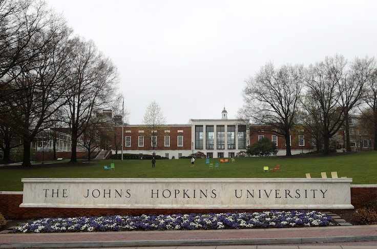BALTIMORE, MARYLAND - MARCH 28: A general view of The Johns Hopkins University on March 28, 2020 in Baltimore, Maryland. The school is shut down due to the coronavirus (COVID-19) outbreak.