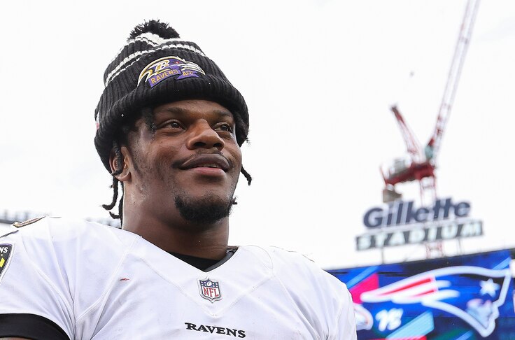 Lamar Jackson #8 of the Baltimore Ravens reacts after the game against the New England Patriots at Gillette Stadium on September 25, 2022 in Foxborough, Massachusetts.