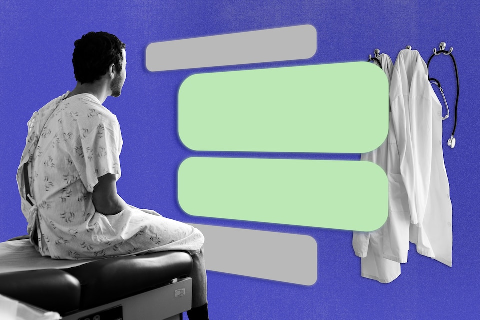 Photo collage of patient in medical gown sitting on exam table, reading chat bubbles that partially obscure white doctor’s coats and stethoscopes hung on the wall.