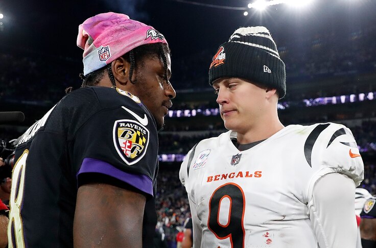 BALTIMORE, MARYLAND - OCTOBER 09:  Joe Burrow #9 of the Cincinnati Bengals reacts after their 19-17 loss to Lamar Jackson #8 of the Baltimore Ravens at M&T Bank Stadium on October 09, 2022 in Baltimore, Maryland.