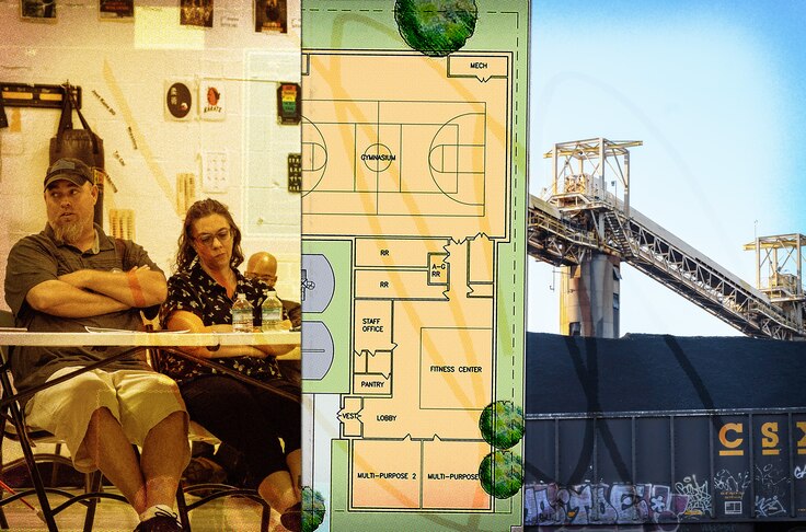 Photo collage showing two Curtis Bay residents with crossed arms speaking at community meeting, section of design for new recreation center, and coal silos towering above piles of coal.
