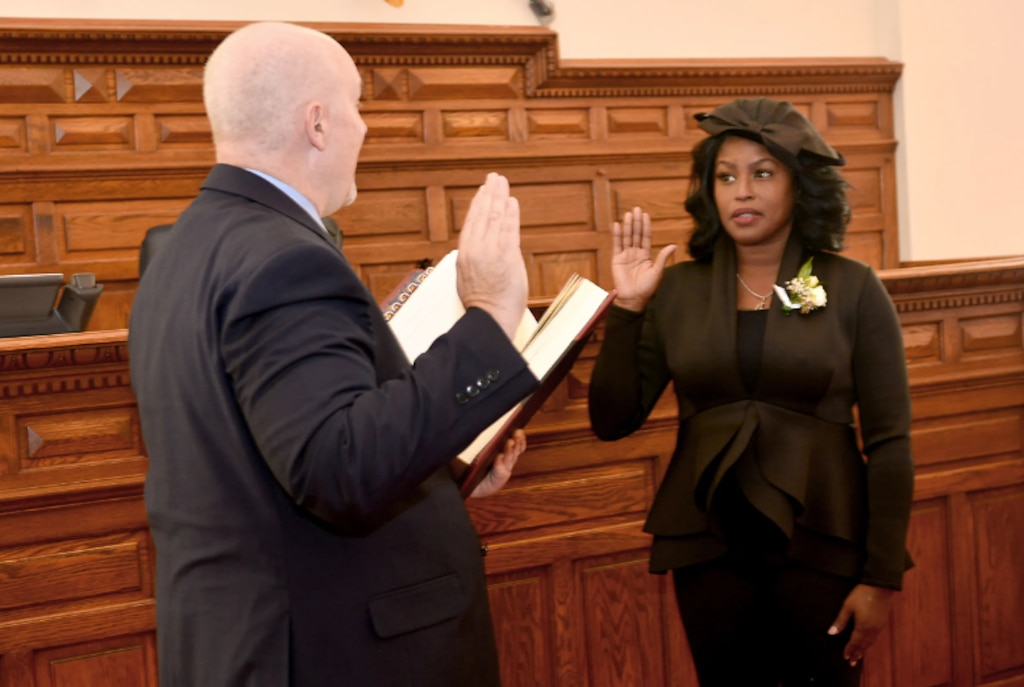 Erica Griswold takes the oath of office as Anne Arundel County register of wills in December 2022. In January, she was indicted on charges that she stole $6,645 intended to cover fees from an estate overseen by her office.